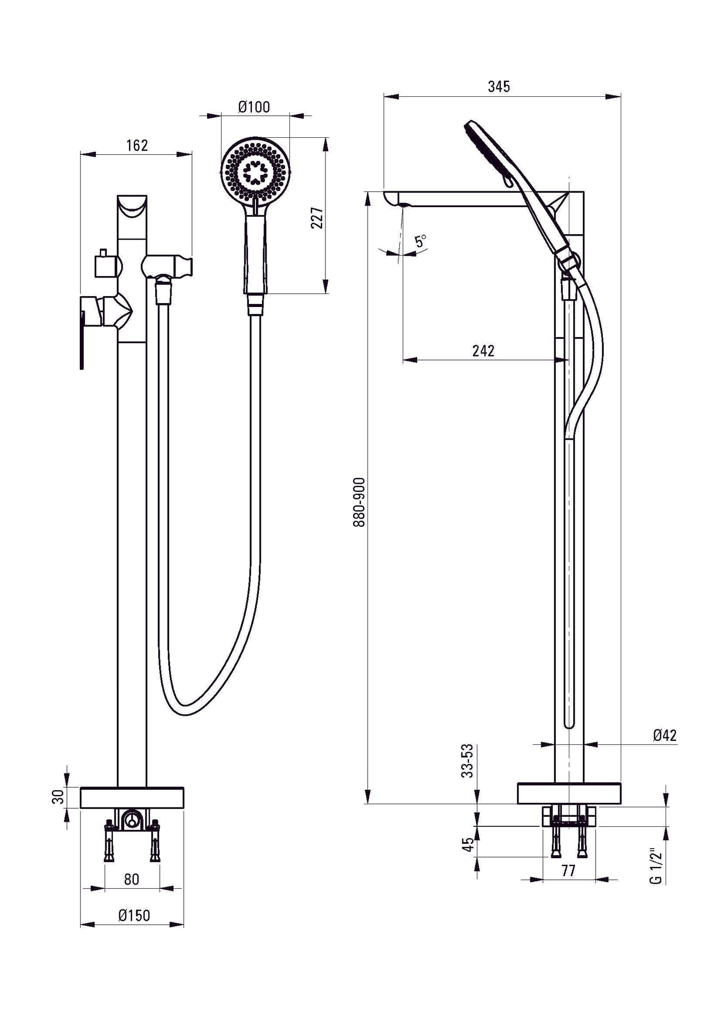 DEANTE Alpinia mezclador de bañera independiente con set de ducha // Nero // BGA-N17M