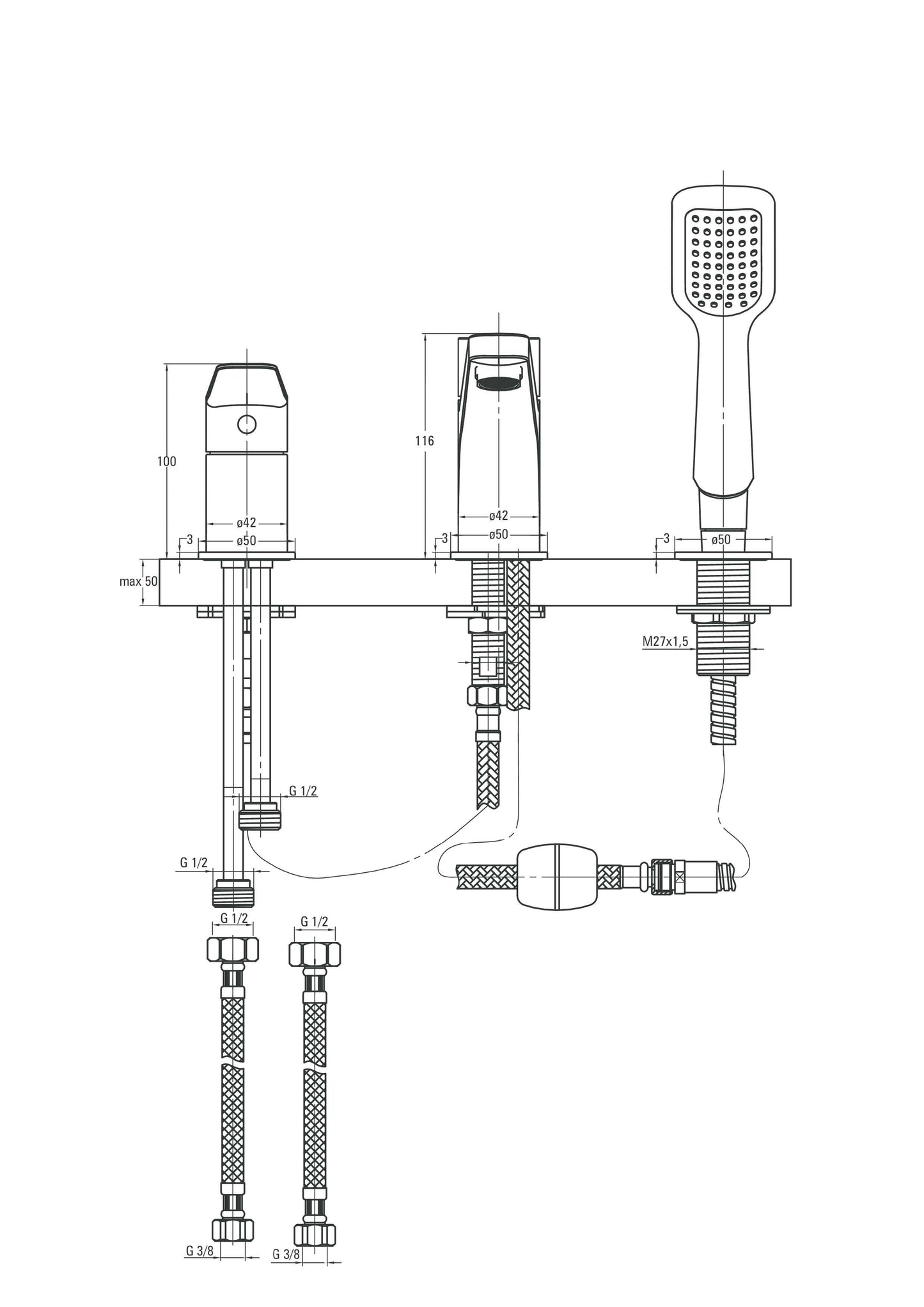 Mezclador de baño de 3 orificios DEANTE Jasmin // Nero // BGJ-N13M