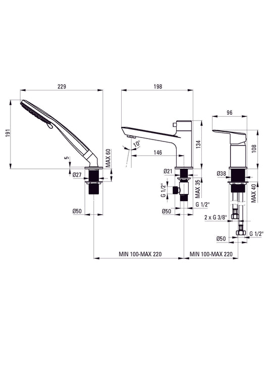 DEANTE Arnika 3-Loch-Wannenarmatur mit Brausegarnitur // Chrom // BQA-013M