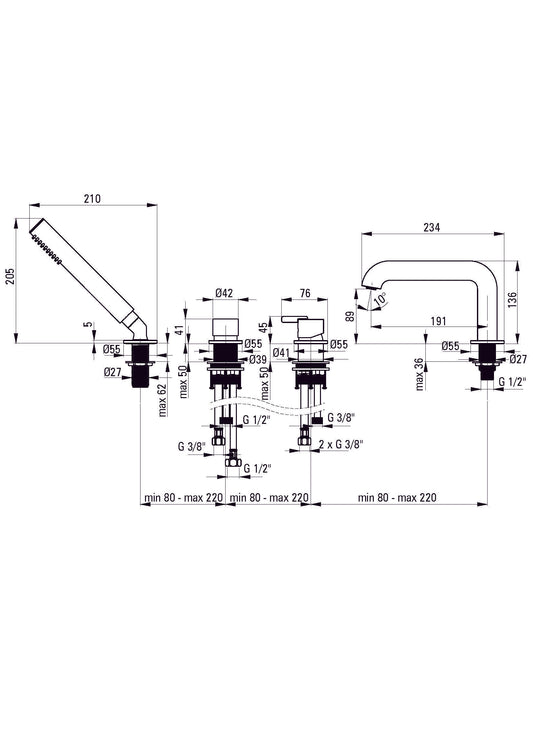 DEANTE Silia 4-Loch-Wannenarmatur mit Brausegarnitur // gebürsteter Stahl // BQS-F14M