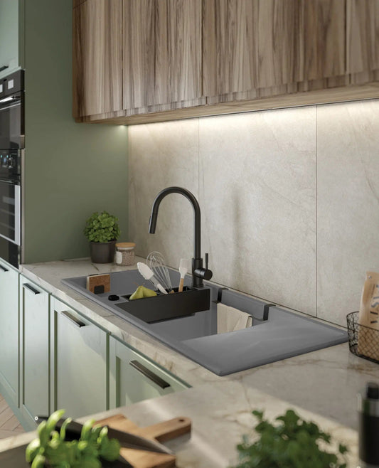 DEANTE Magnetic Granitspülbecken Magnetisch mit Abtropffläche - 2 Becken // Grau Metallic // ZRM - S213 erhältlich bei Twoda Shop