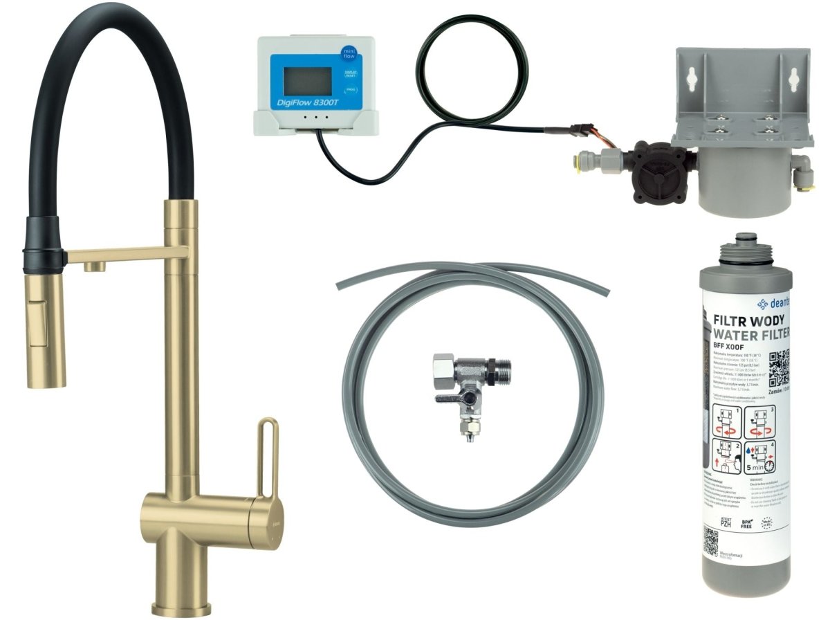 DEANTE Magnetic Küchenarmatur mit flexiblem Auslauf und Wasserfiltersystem // gebürstetes Gold // BRMFR75M erhältlich bei Twoda Shop