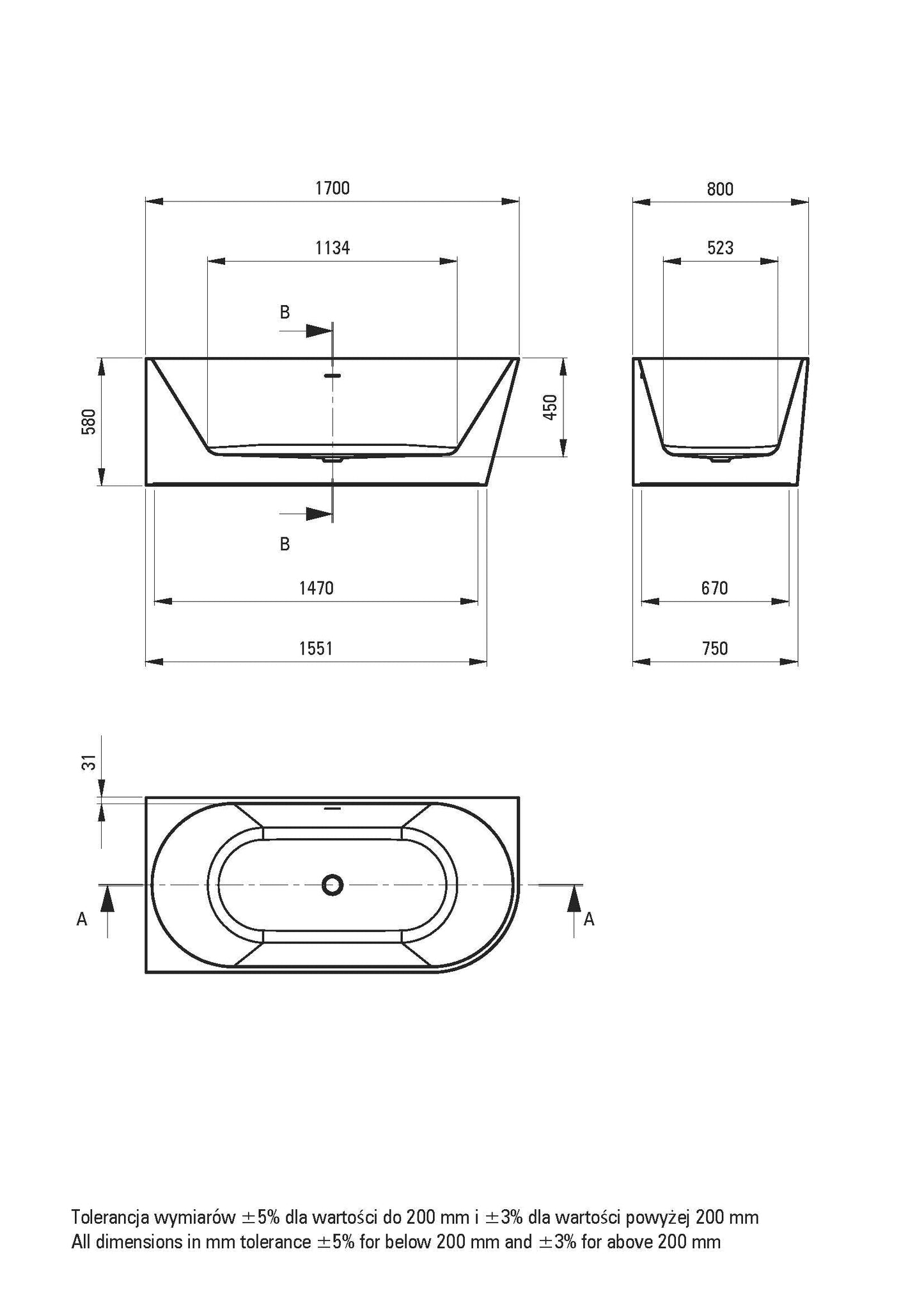 DEANTE Silia Wand- oder Freistehende Badewanne - Links - 170 cm // Weiß // KDS-017L von Deante erhältlich bei Twoda Shop