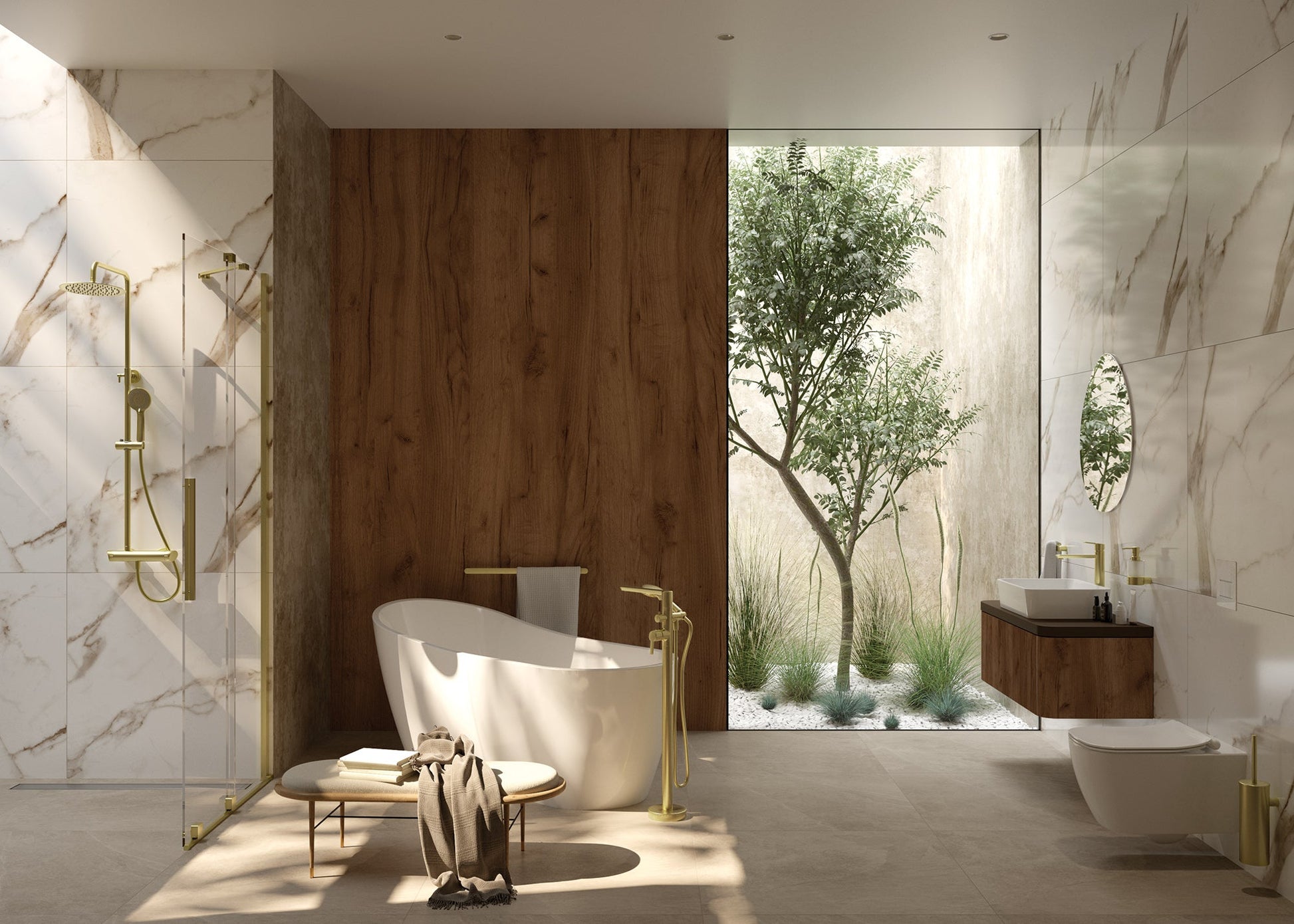 DEANTE Arnika Freistehende Wannenarmatur mit Brausegarnitur // Gold gebürstet // BQA - R17M erhältlich bei Twoda Shop