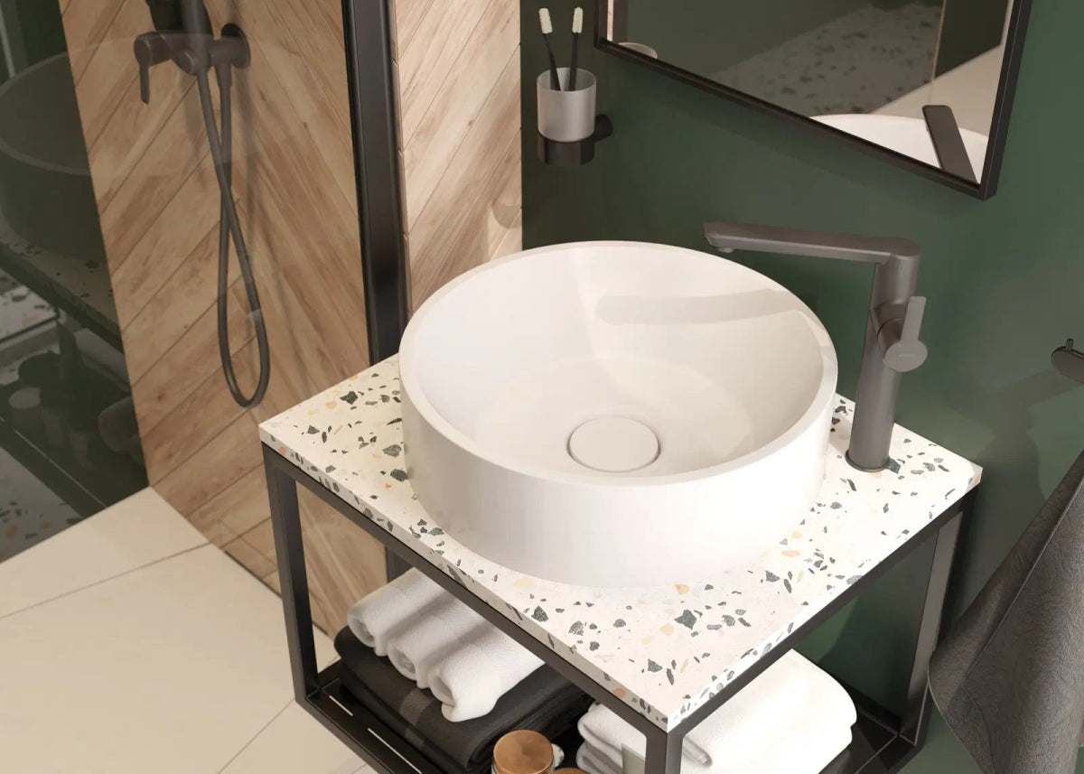 DEANTE Arnika Waschtischarmatur hoch mit seitlichem Hebel // Titanium // BQA - D20K erhältlich bei Twoda Shop