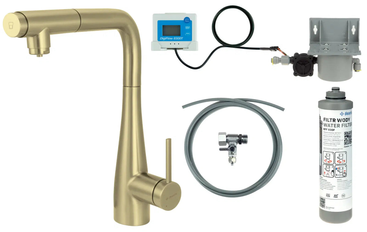 DEANTE Eridan Küchenarmatur mit ausziehbarer Auslaufbrause und Wasserfilter // gebürstetes Gold // BREFR75M erhältlich bei Twoda Shop
