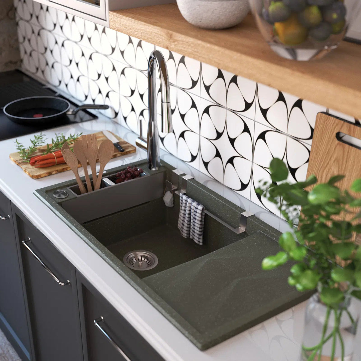 DEANTE Magnetic Granitspülbecken Magnetisch mit Abtropffläche // Anthrazit Metallic // ZRM - T113 erhältlich bei Twoda Shop