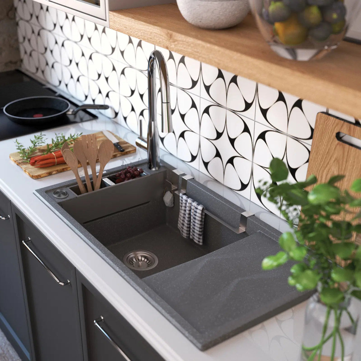 DEANTE Magnetic Granitspülbecken Magnetisch mit Abtropffläche // Grau Metallic // ZRM - S113 erhältlich bei Twoda Shop