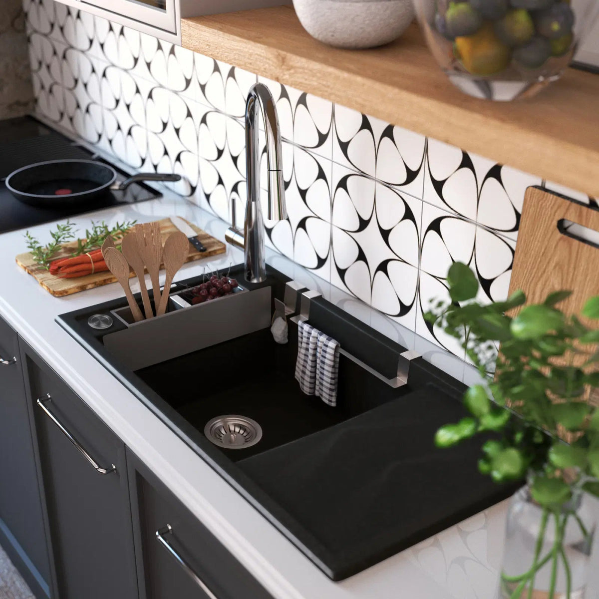 DEANTE Magnetic Granitspülbecken Magnetisch mit Abtropffläche // Nero // ZRM - N113 erhältlich bei Twoda Shop