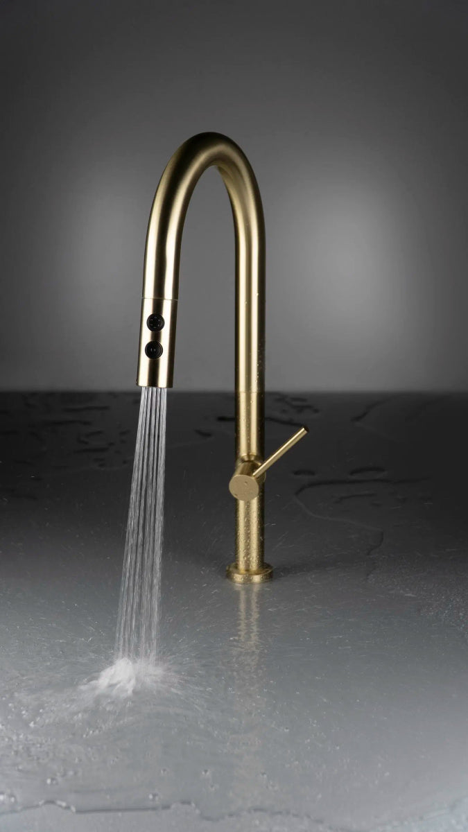 DEANTE Olfato Küchenarmatur mit ausziehbarem Auslauf – 2 Strahlarten // gebürstetes Gold // BQO - R72M erhältlich bei Twoda Shop