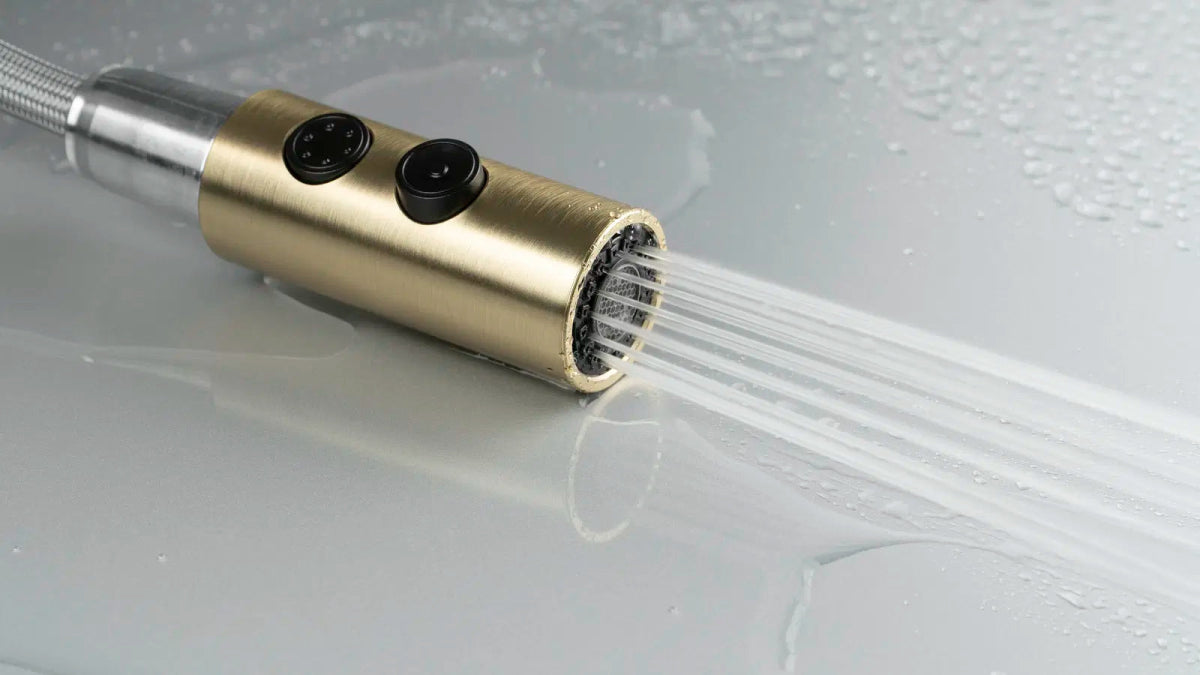 DEANTE Olfato Küchenarmatur mit ausziehbarem Auslauf – 2 Strahlarten // gebürstetes Gold // BQO - R72M erhältlich bei Twoda Shop